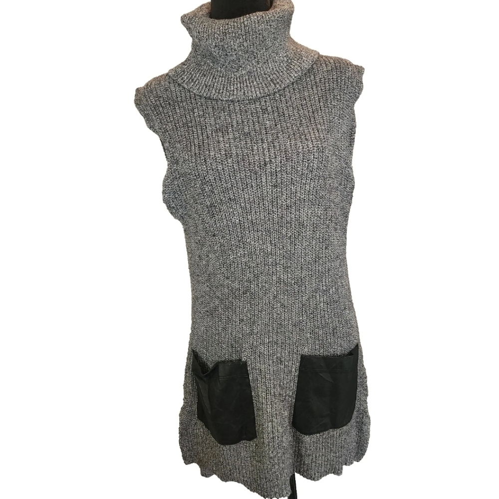 Banana Republic Women's M Knit Faux Leather Pockets Mockneck Sleeveless Tunic